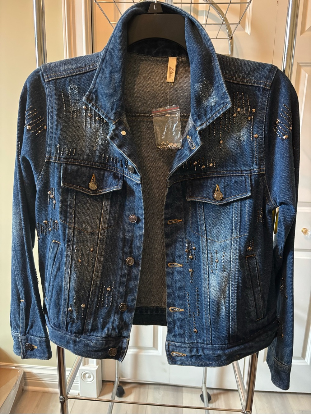 Elan Dark Blue Embellished Denim Jacket NWT